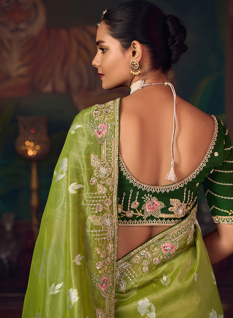 Monjolika Fashion Parrot Green Zari Woven Silk Blend Embroidered Saree For Wedding Wear
