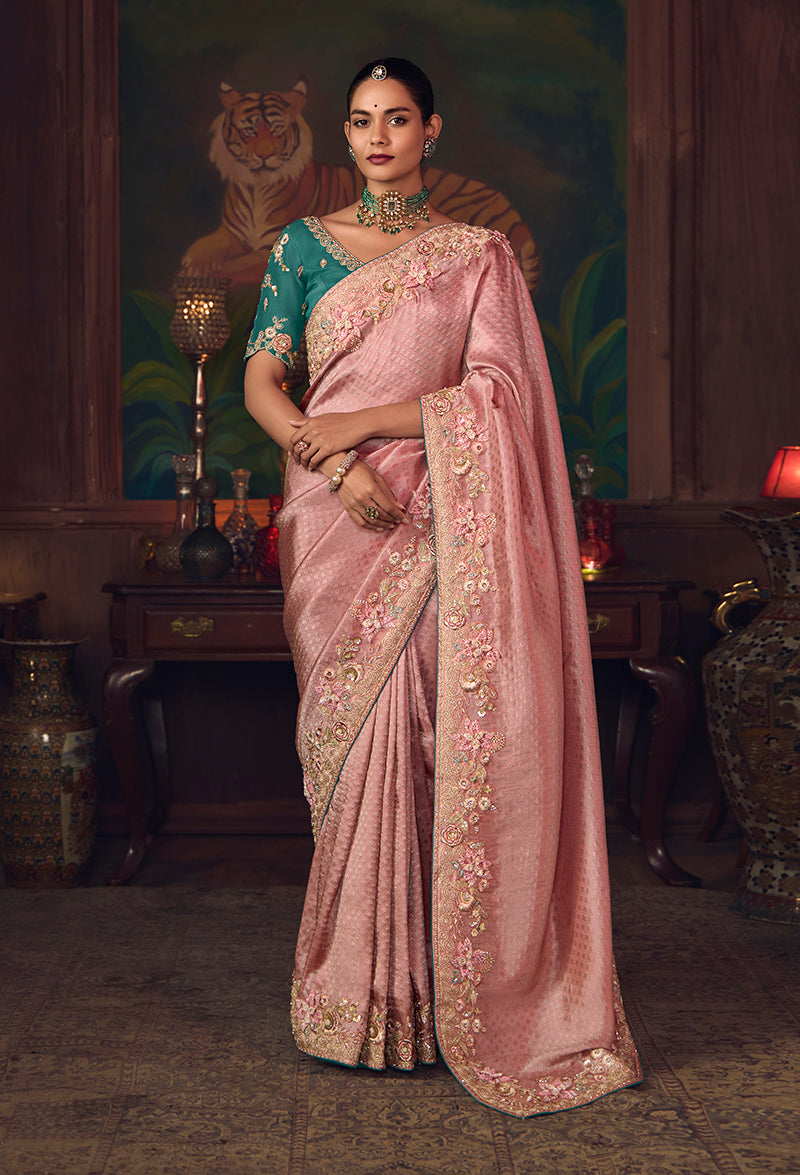 Monjolika Fashion Pink Zari Woven Silk Blend Embroidered Saree For Wedding Wear