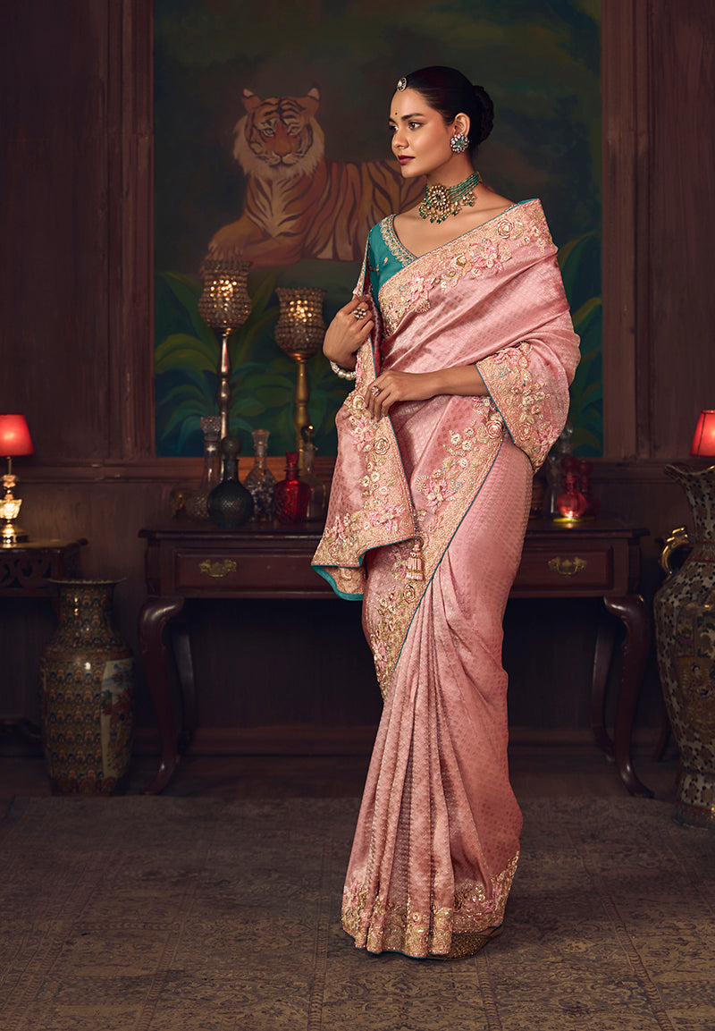 Monjolika Fashion Pink Zari Woven Silk Blend Embroidered Saree For Wedding Wear