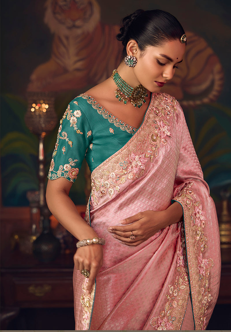 Monjolika Fashion Pink Zari Woven Silk Blend Embroidered Saree For Wedding Wear