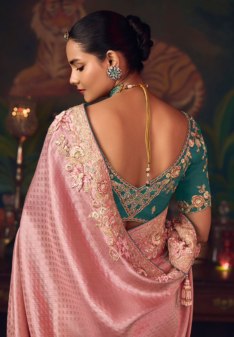 Monjolika Fashion Pink Zari Woven Silk Blend Embroidered Saree For Wedding Wear