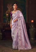 Monjolika Fashion Lavender Zari Woven Silk Blend Embroidered Saree For Wedding Wear