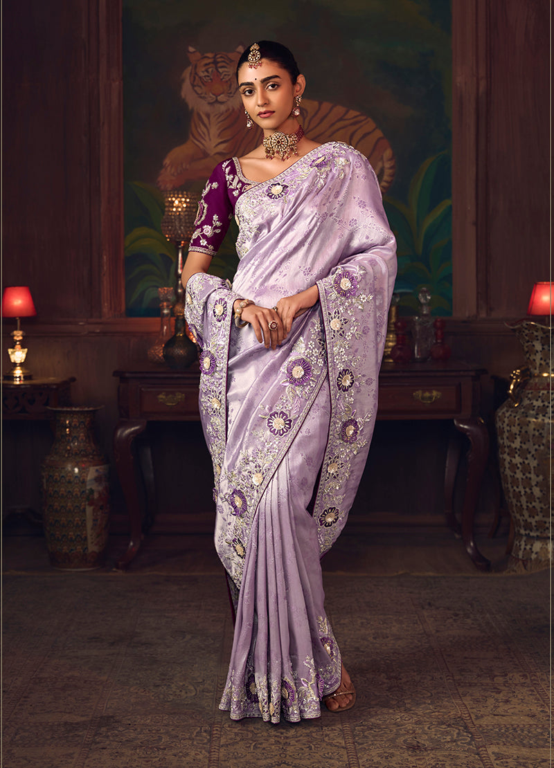 Monjolika Fashion Lavender Zari Woven Silk Blend Embroidered Saree For Wedding Wear