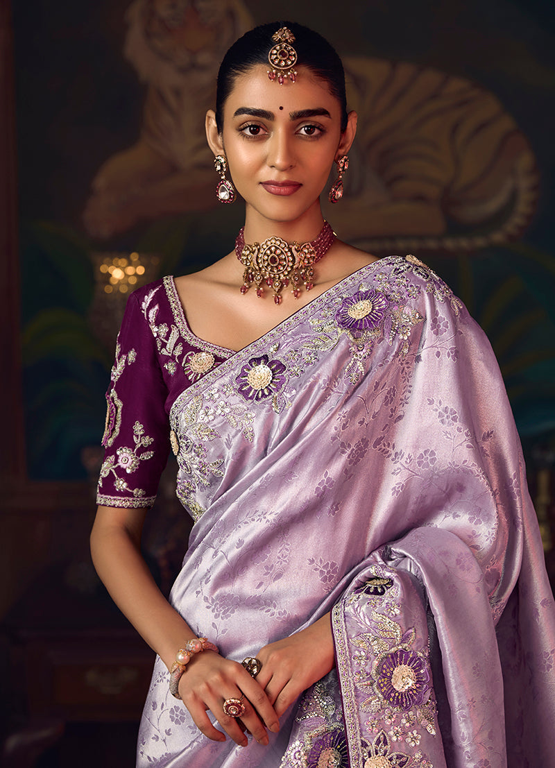 Monjolika Fashion Lavender Zari Woven Silk Blend Embroidered Saree For Wedding Wear