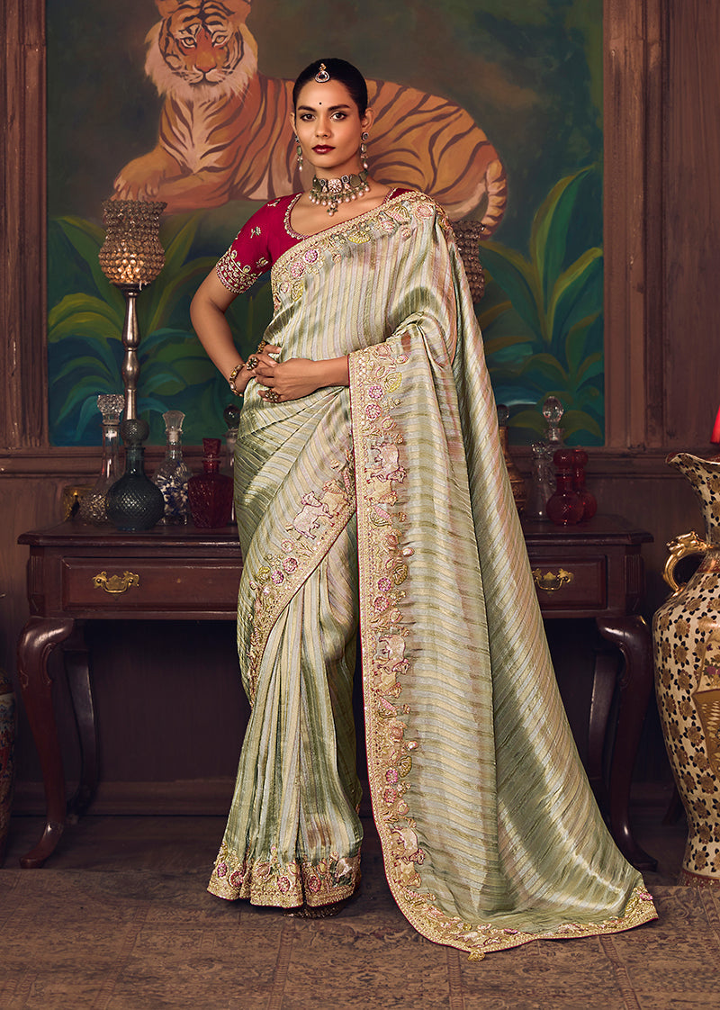 Monjolika Fashion Sea Green Zari Woven Silk Blend Embroidered Saree For Wedding Wear