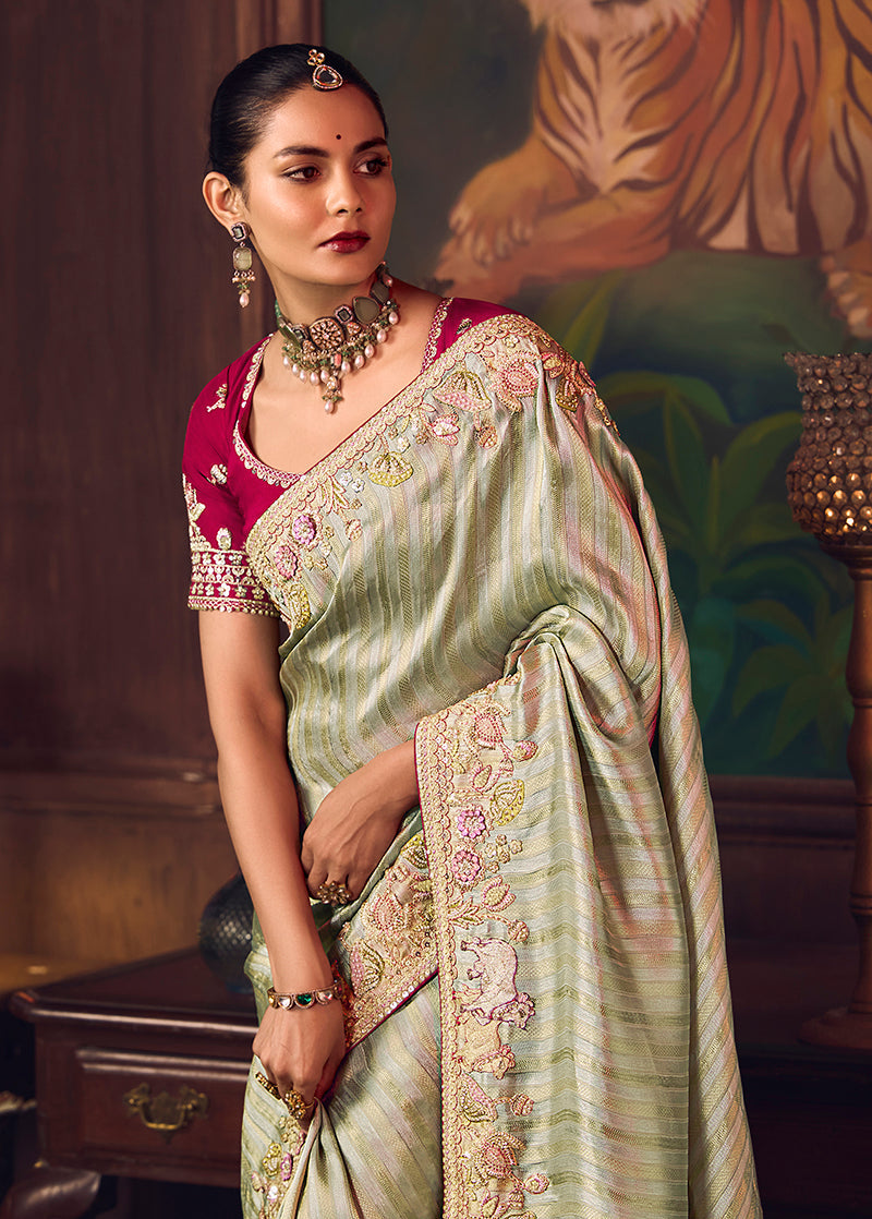 Monjolika Fashion Sea Green Zari Woven Silk Blend Embroidered Saree For Wedding Wear