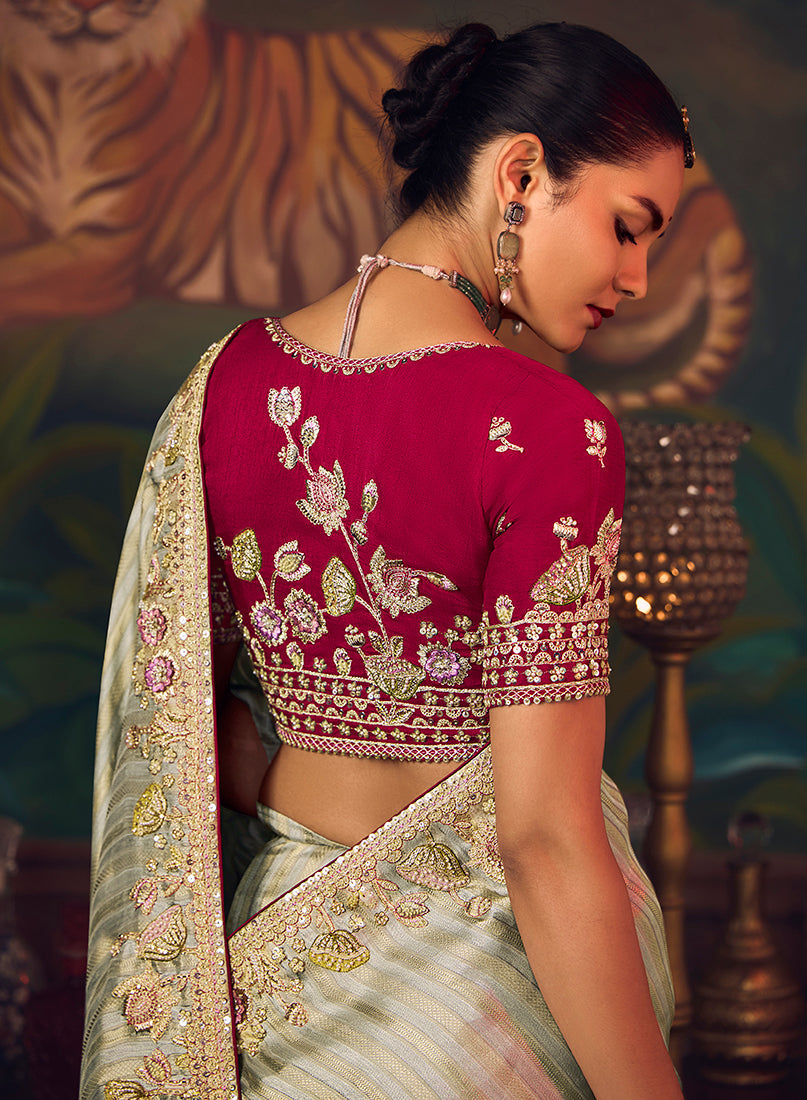 Monjolika Fashion Sea Green Zari Woven Silk Blend Embroidered Saree For Wedding Wear