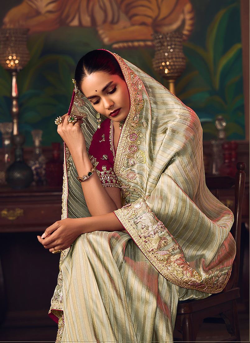 Monjolika Fashion Sea Green Zari Woven Silk Blend Embroidered Saree For Wedding Wear