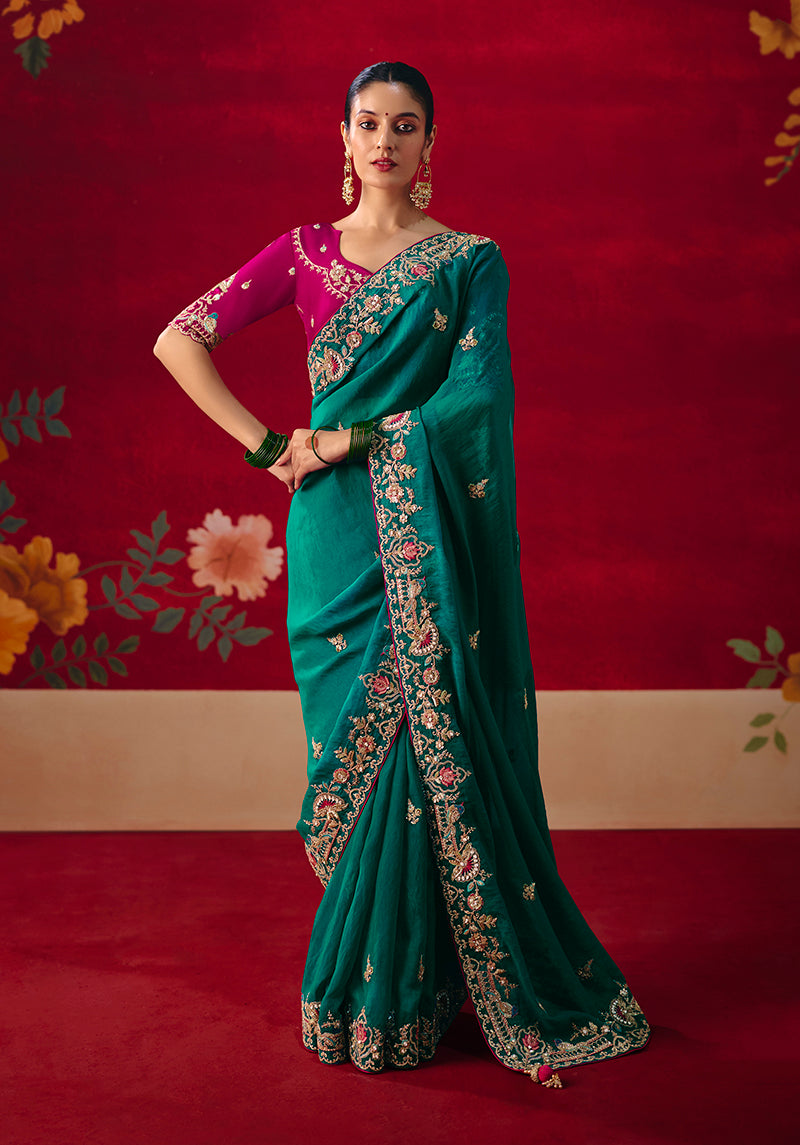 Monjolika Fashion Teal Fancy Fabric Embroidered Thread Work Classic Saree