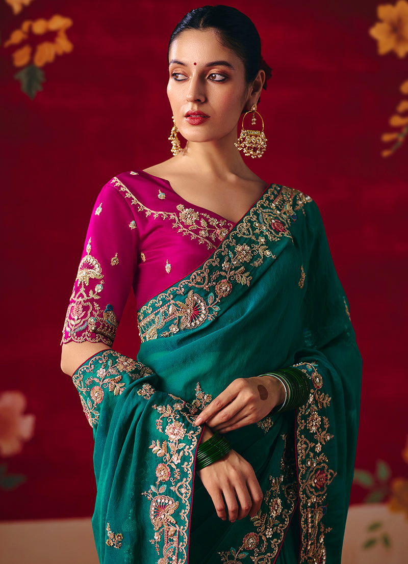Monjolika Fashion Teal Fancy Fabric Embroidered Thread Work Classic Saree