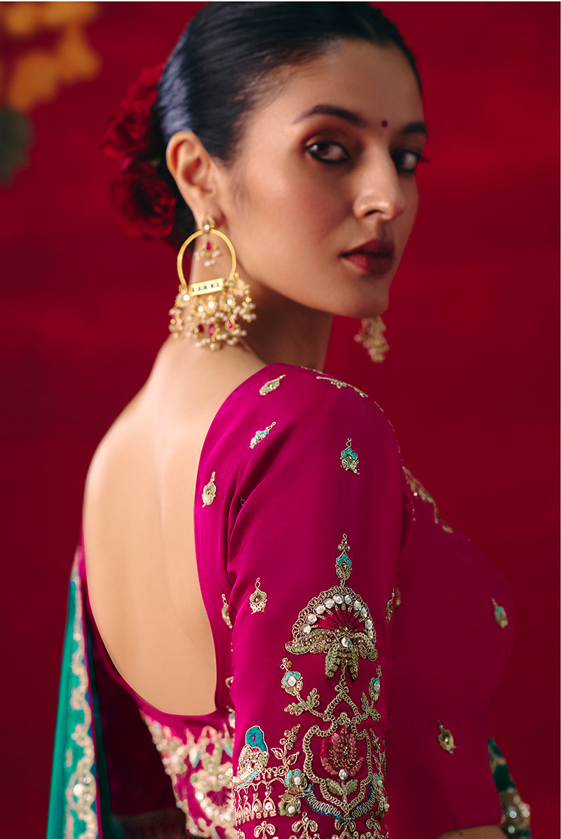 Monjolika Fashion Teal Fancy Fabric Embroidered Thread Work Classic Saree