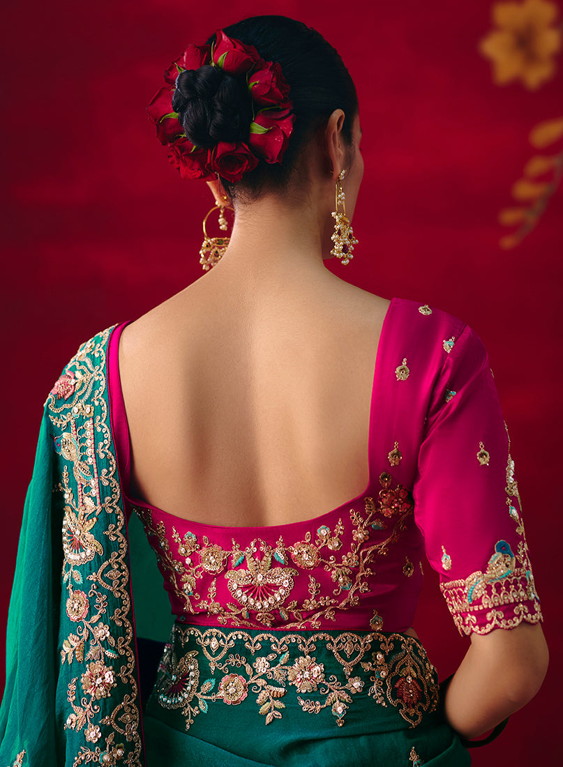 Monjolika Fashion Teal Fancy Fabric Embroidered Thread Work Classic Saree