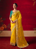 Monjolika Fashion Yellow Fancy Fabric Embroidered Thread Work Classic Saree