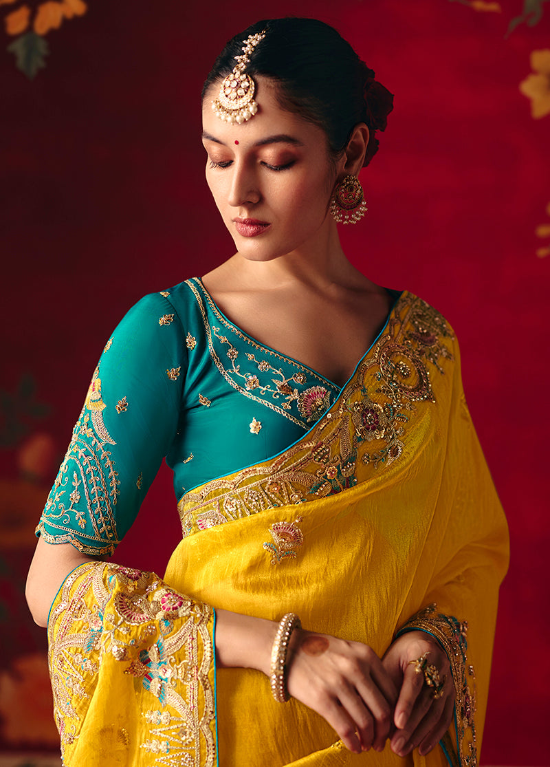 Monjolika Fashion Yellow Fancy Fabric Embroidered Thread Work Classic Saree