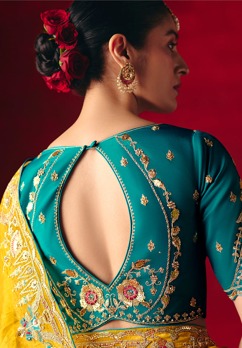 Monjolika Fashion Yellow Fancy Fabric Embroidered Thread Work Classic Saree