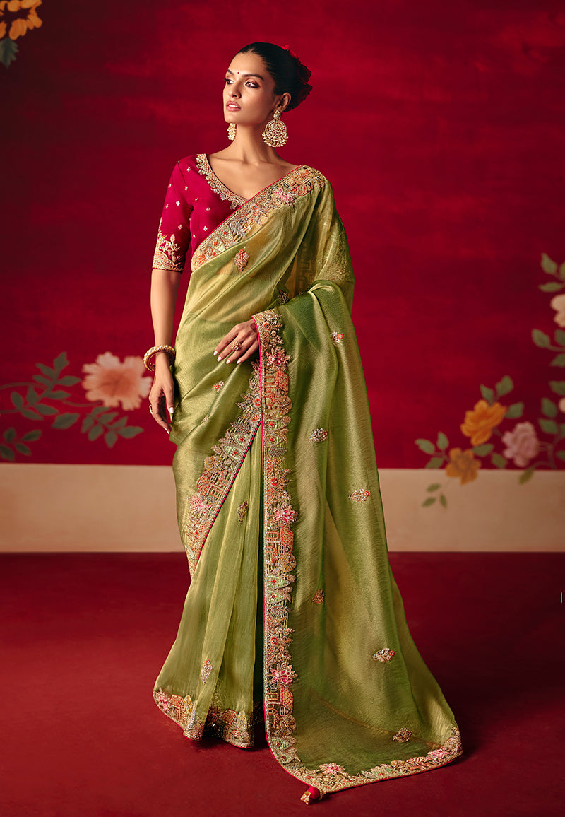 Monjolika Fashion Green Fancy Fabric Embroidered Thread Work Classic Saree