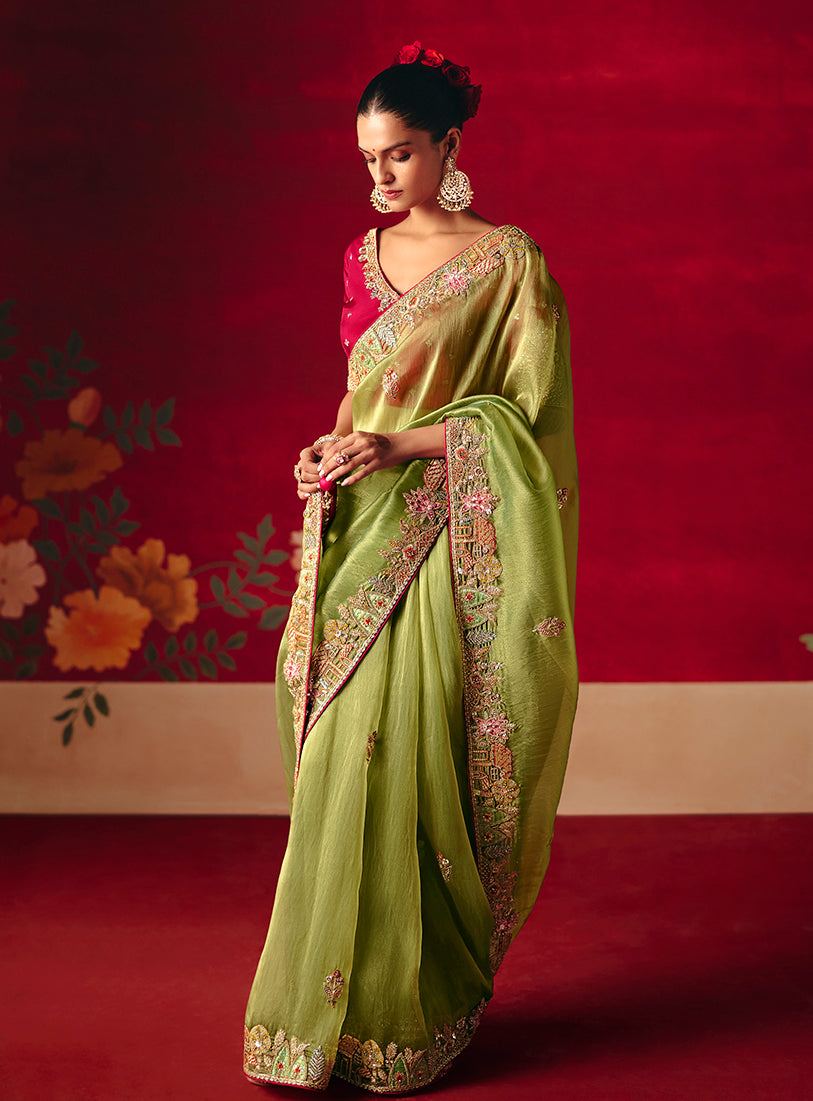 Monjolika Fashion Green Fancy Fabric Embroidered Thread Work Classic Saree