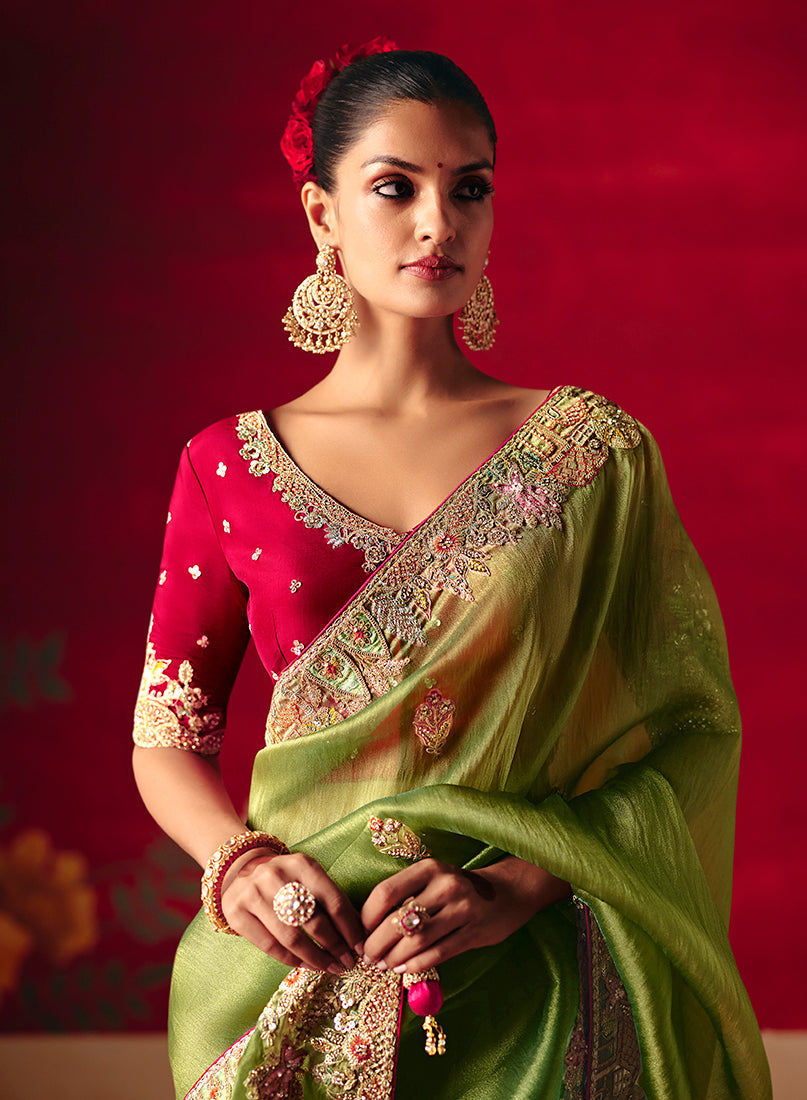 Monjolika Fashion Green Fancy Fabric Embroidered Thread Work Classic Saree