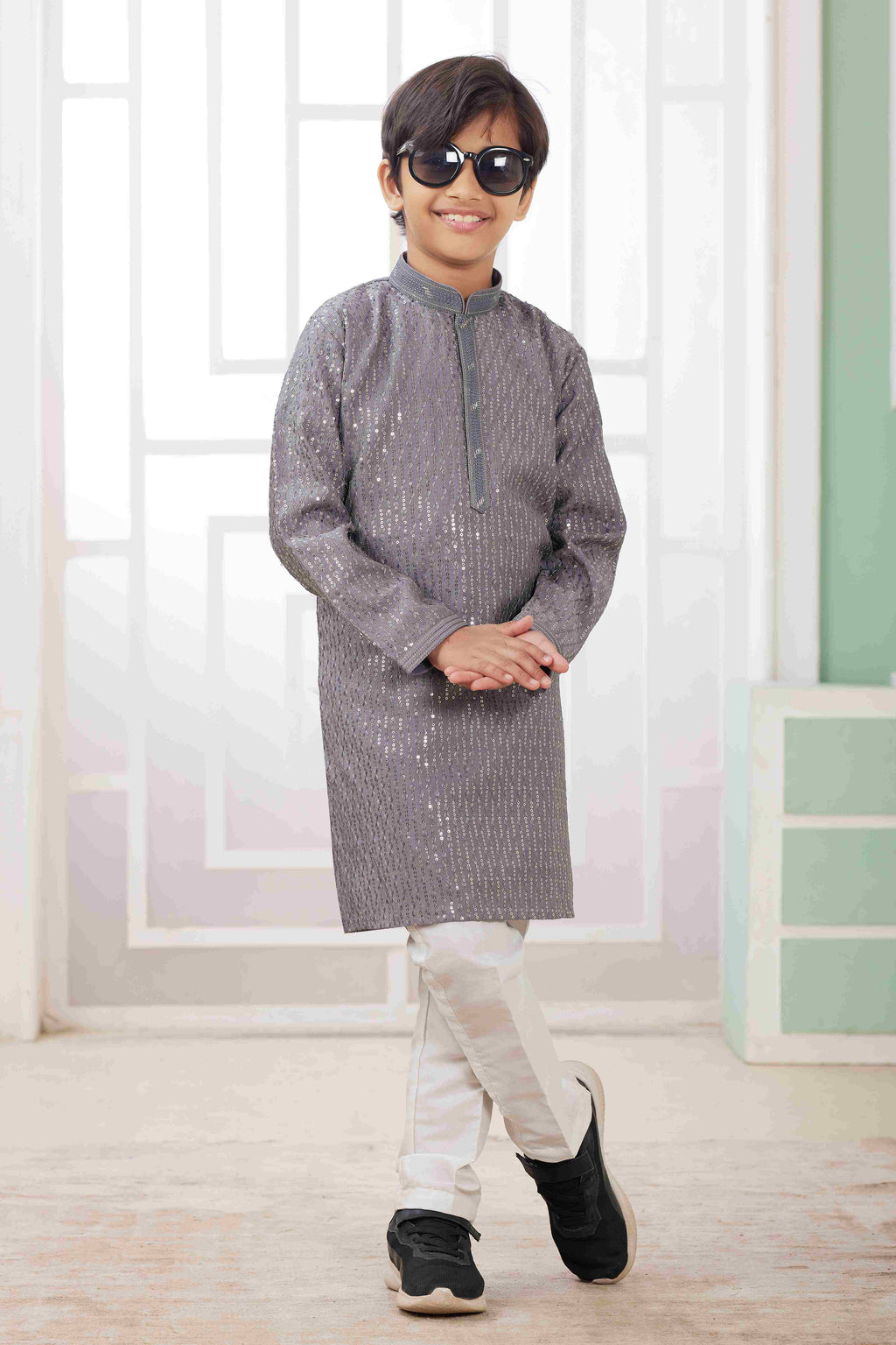 Raivat Ethnic Art Silk Embroidery Work Kids Kurta Pajama In Grey Colour
