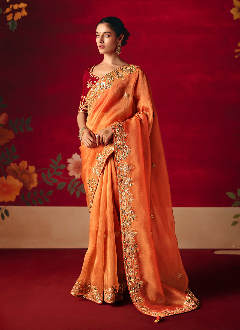Monjolika Fashion Rust Fancy Fabric Embroidered Thread Work Classic Saree