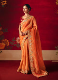 Monjolika Fashion Rust Fancy Fabric Embroidered Thread Work Classic Saree