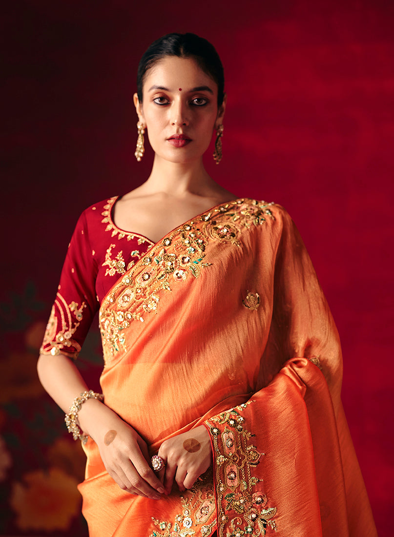 Monjolika Fashion Rust Fancy Fabric Embroidered Thread Work Classic Saree