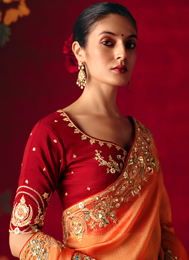Monjolika Fashion Rust Fancy Fabric Embroidered Thread Work Classic Saree