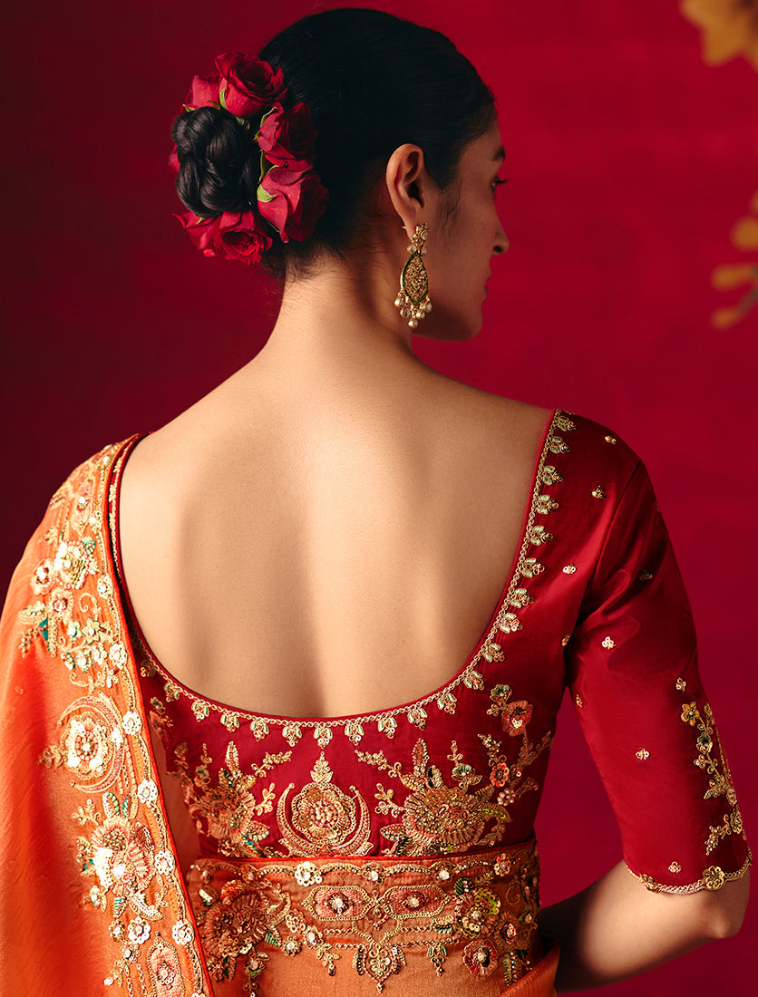 Monjolika Fashion Rust Fancy Fabric Embroidered Thread Work Classic Saree