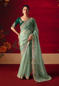 Monjolika Fashion Sea Green Fancy Fabric Embroidered Thread Work Classic Saree
