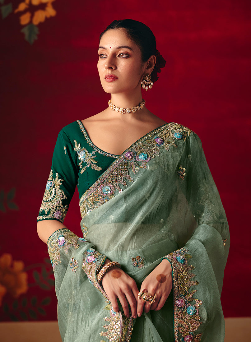 Monjolika Fashion Sea Green Fancy Fabric Embroidered Thread Work Classic Saree
