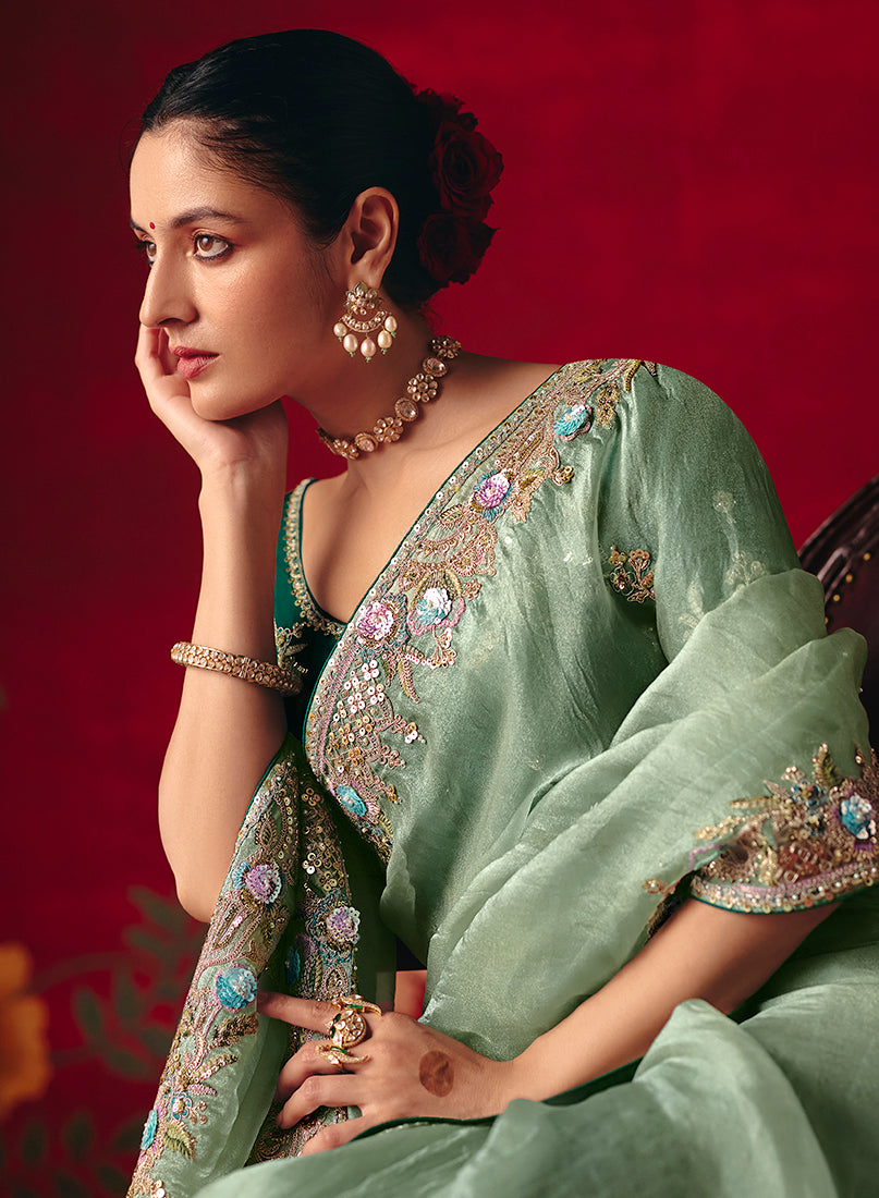 Monjolika Fashion Sea Green Fancy Fabric Embroidered Thread Work Classic Saree