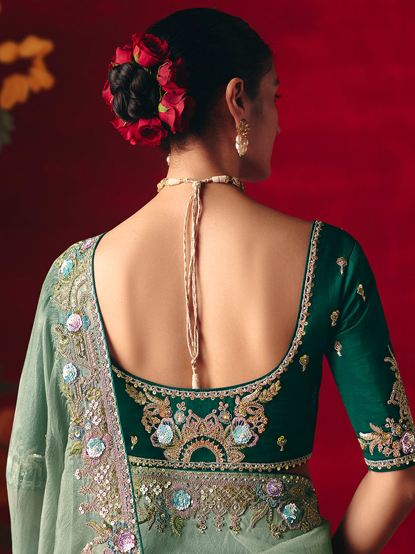 Monjolika Fashion Sea Green Fancy Fabric Embroidered Thread Work Classic Saree