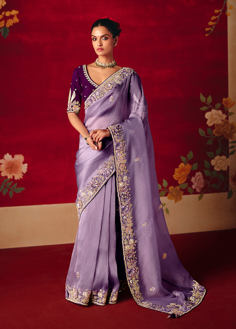 Monjolika Fashion Lavender Fancy Fabric Embroidered Thread Work Classic Saree