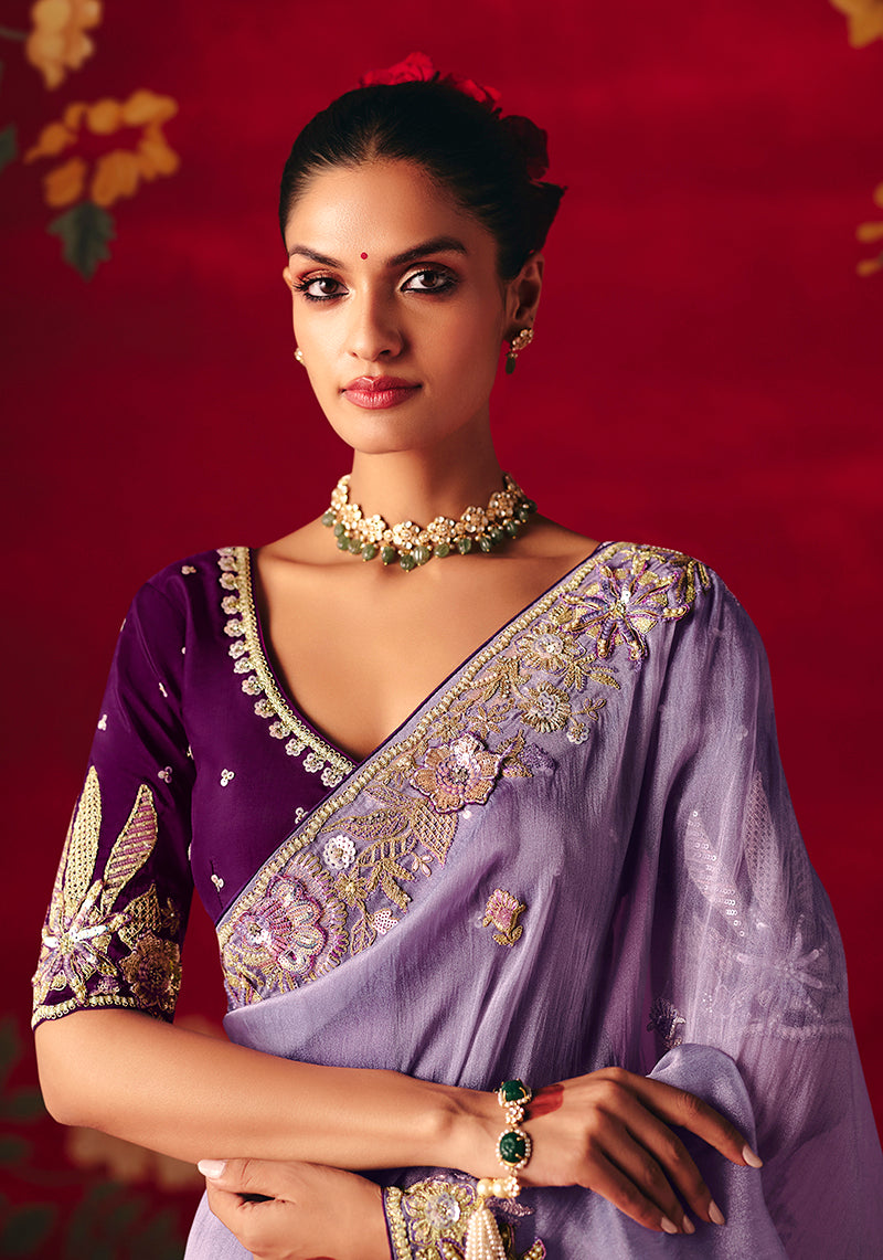 Monjolika Fashion Lavender Fancy Fabric Embroidered Thread Work Classic Saree