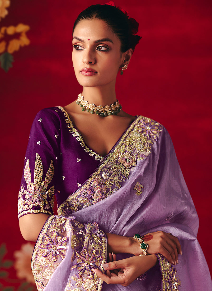 Monjolika Fashion Lavender Fancy Fabric Embroidered Thread Work Classic Saree