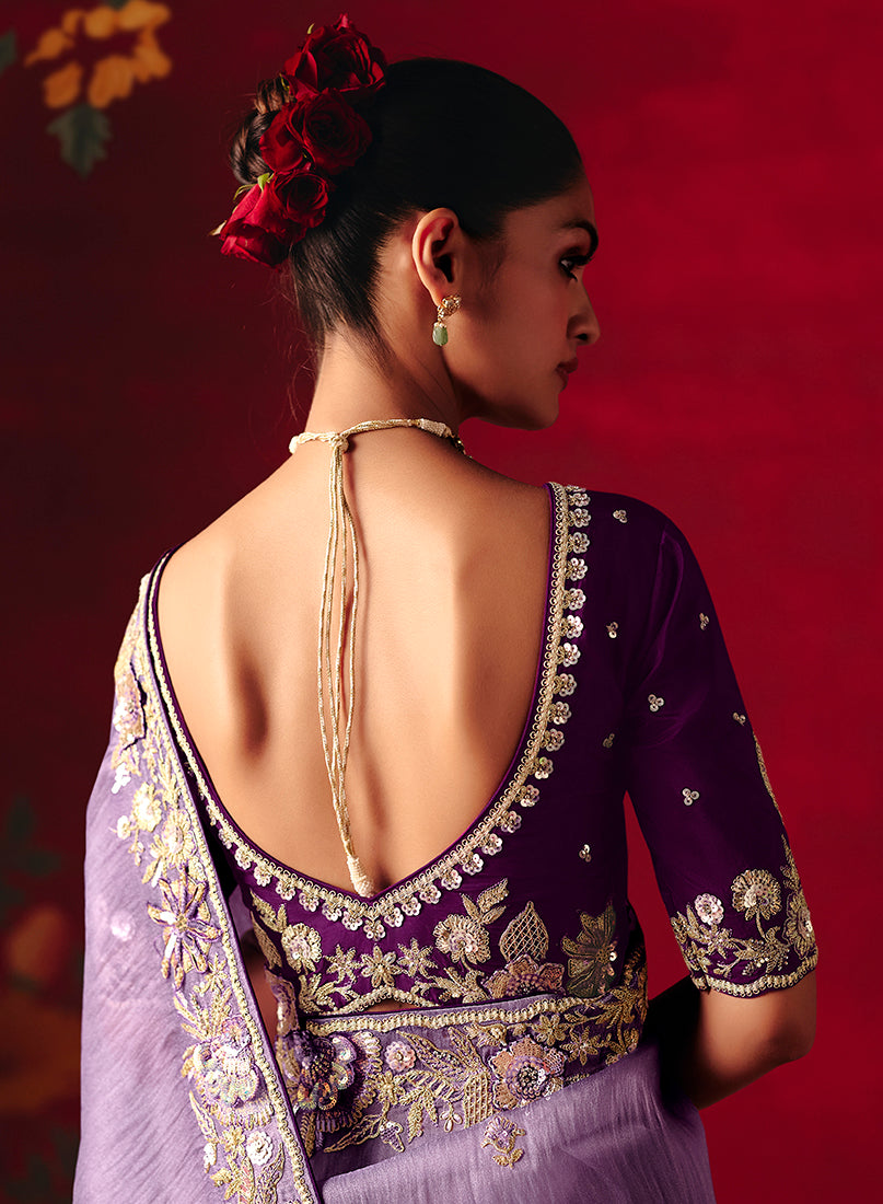 Monjolika Fashion Lavender Fancy Fabric Embroidered Thread Work Classic Saree