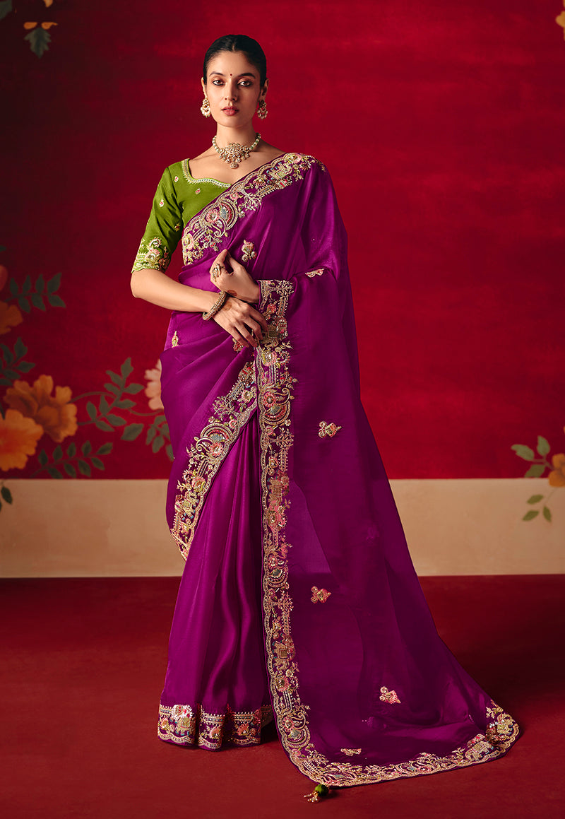 Monjolika Fashion Purple Fancy Fabric Embroidered Thread Work Classic Saree