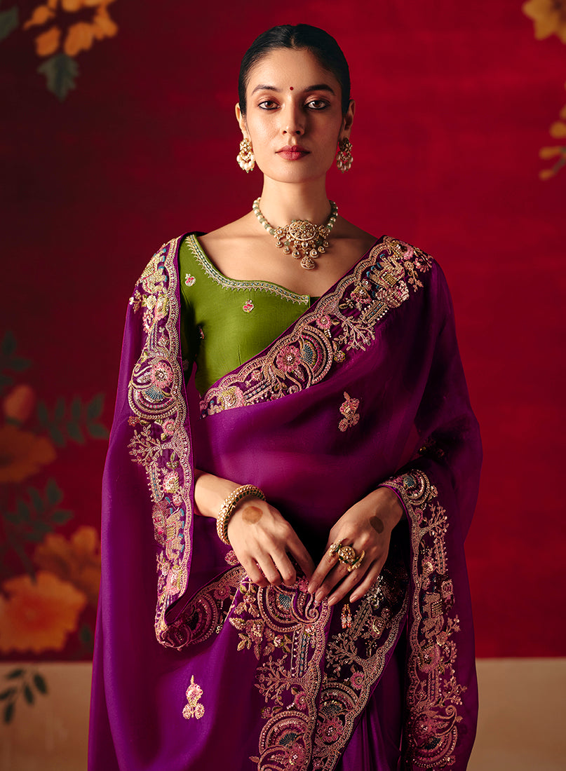 Monjolika Fashion Purple Fancy Fabric Embroidered Thread Work Classic Saree