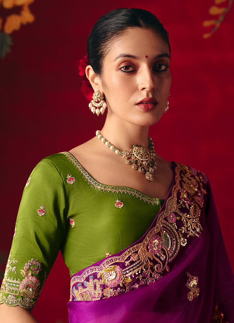 Monjolika Fashion Purple Fancy Fabric Embroidered Thread Work Classic Saree