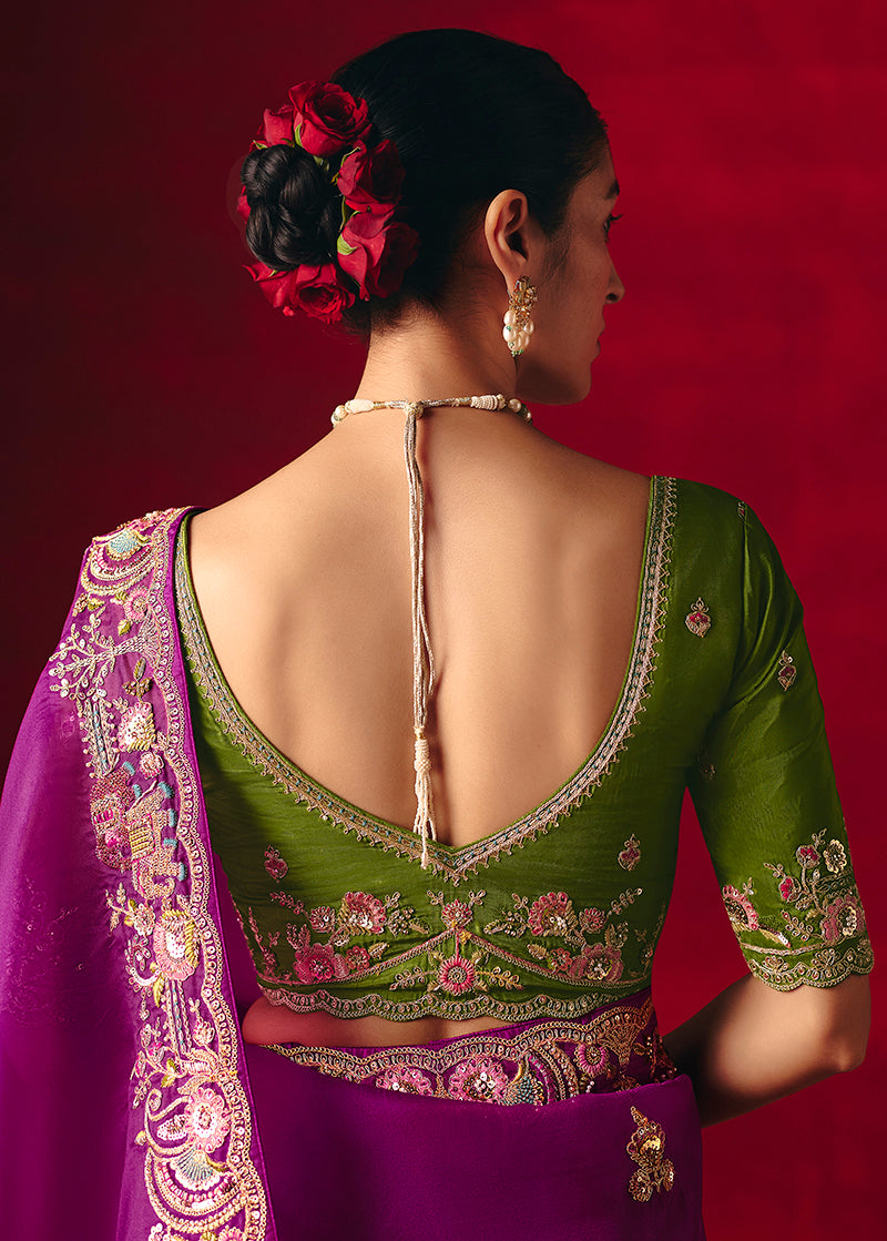 Monjolika Fashion Purple Fancy Fabric Embroidered Thread Work Classic Saree