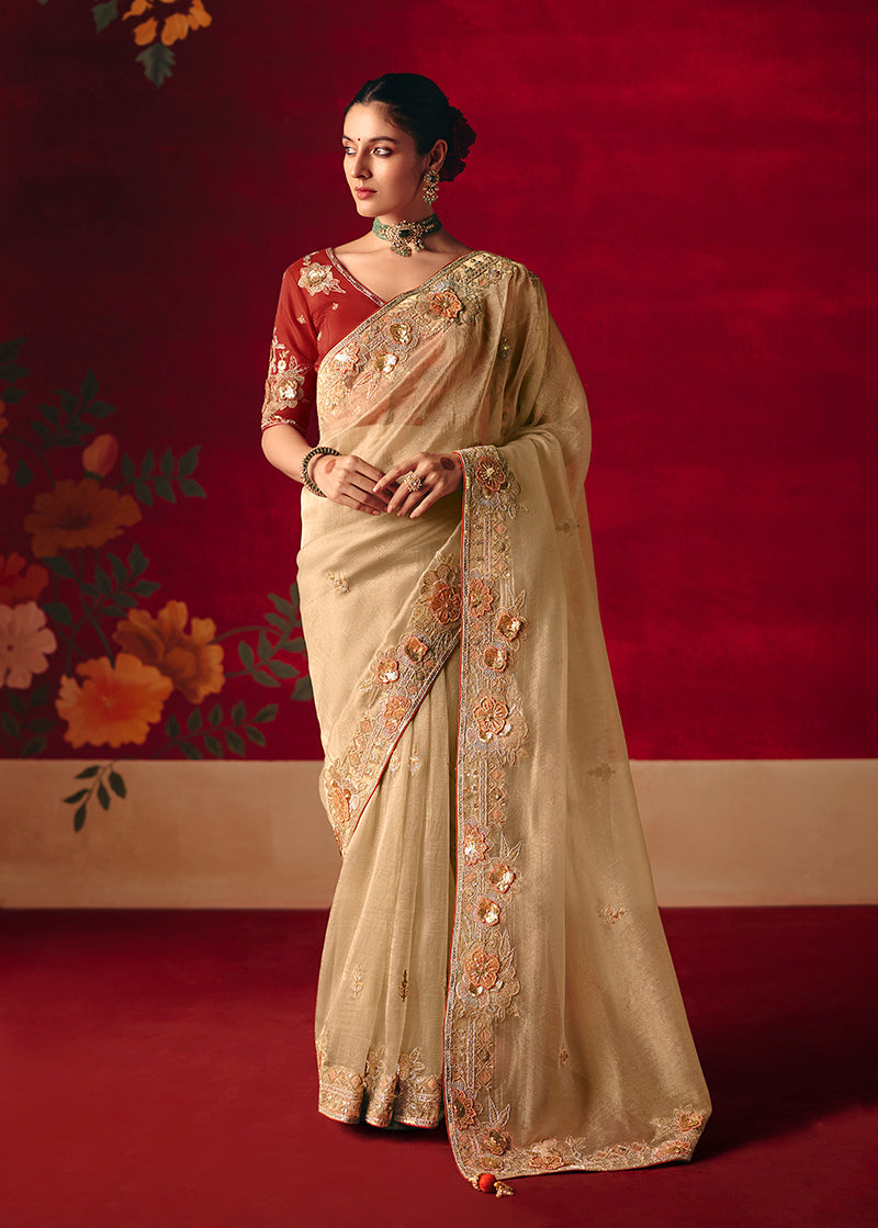 Monjolika Fashion Beige Fancy Fabric Embroidered Thread Work Classic Saree