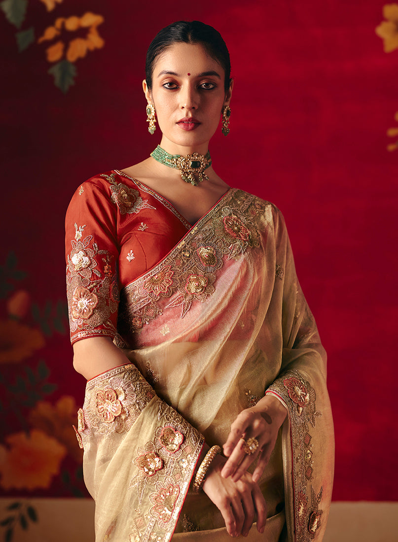 Monjolika Fashion Beige Fancy Fabric Embroidered Thread Work Classic Saree