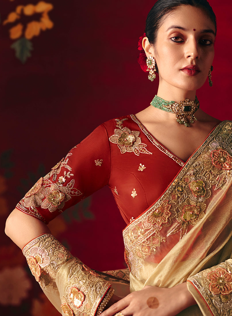 Monjolika Fashion Beige Fancy Fabric Embroidered Thread Work Classic Saree