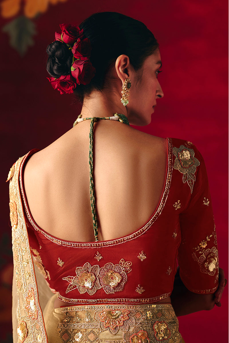 Monjolika Fashion Beige Fancy Fabric Embroidered Thread Work Classic Saree