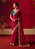 Monjolika Fashion Rani Pink Fancy Fabric Embroidered Thread Work Classic Saree