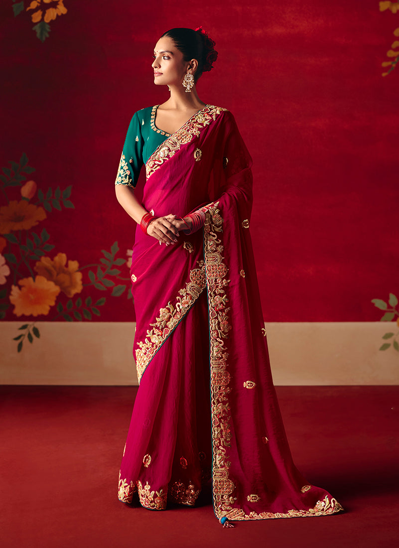 Monjolika Fashion Rani Pink Fancy Fabric Embroidered Thread Work Classic Saree