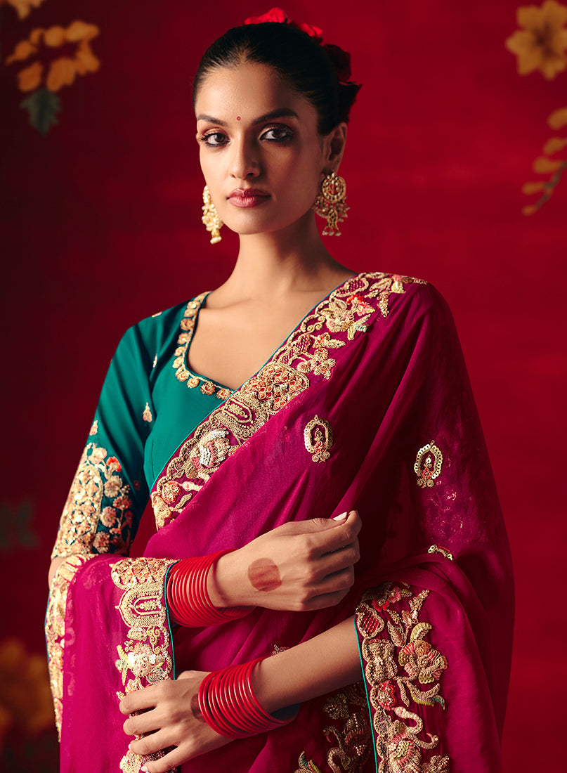 Monjolika Fashion Rani Pink Fancy Fabric Embroidered Thread Work Classic Saree