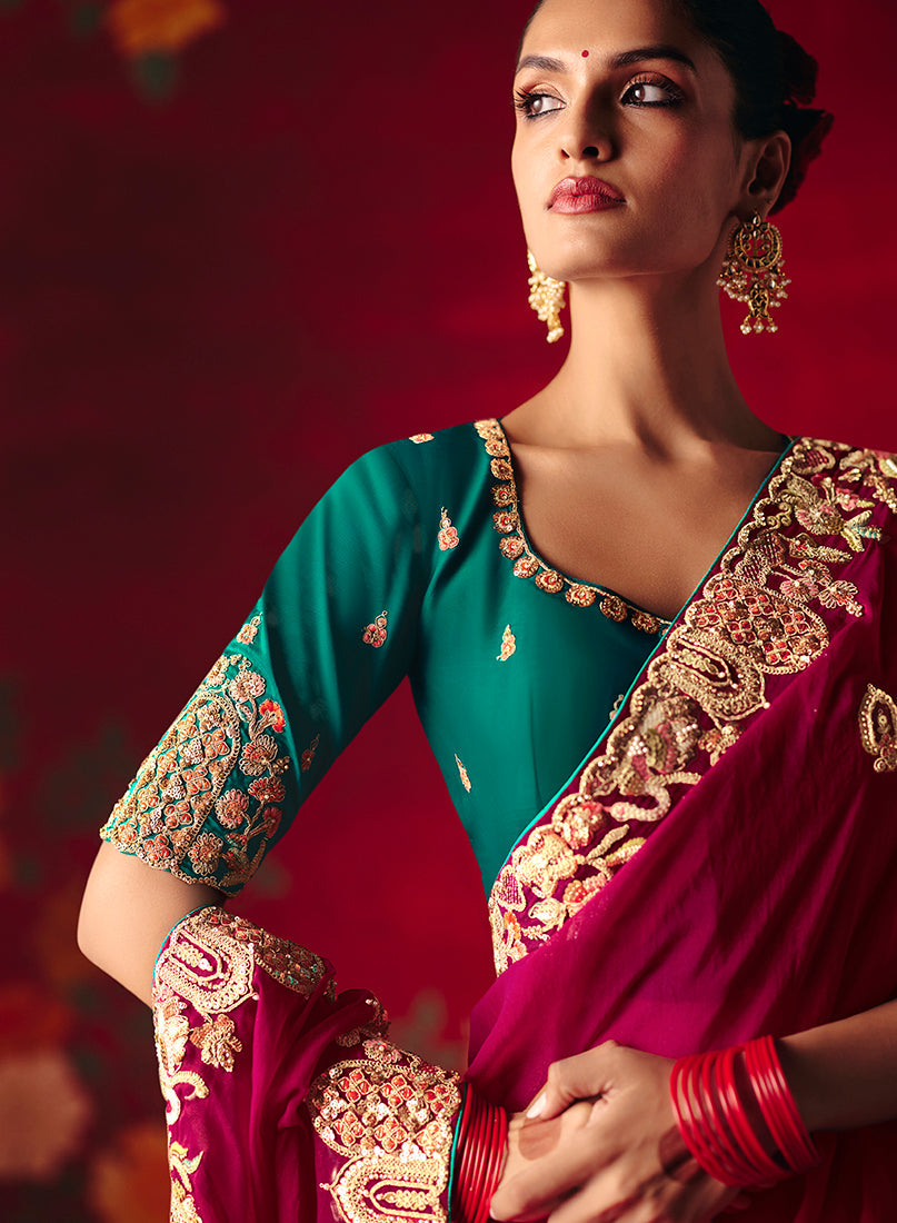 Monjolika Fashion Rani Pink Fancy Fabric Embroidered Thread Work Classic Saree