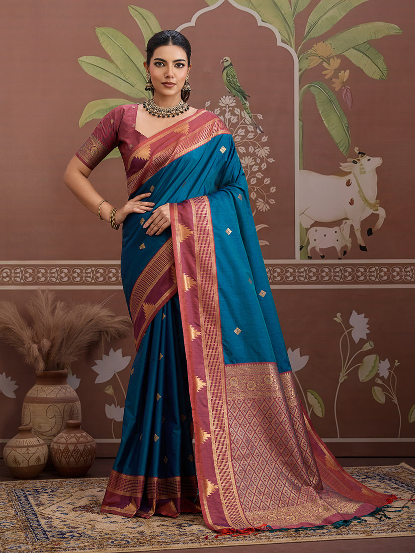 Monjolika Fashion Teal Blue Weaving Work Tussar Silk Festival Contemporary Saree