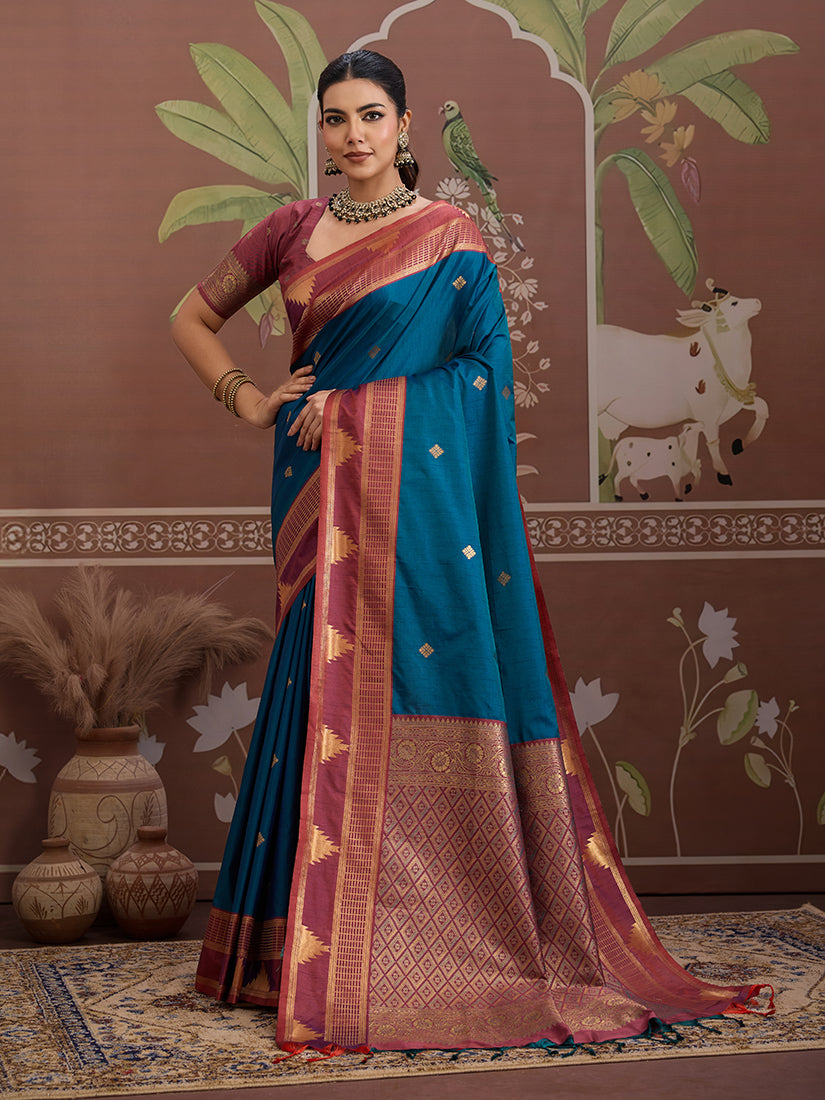 Monjolika Fashion Teal Blue Weaving Work Tussar Silk Festival Contemporary Saree